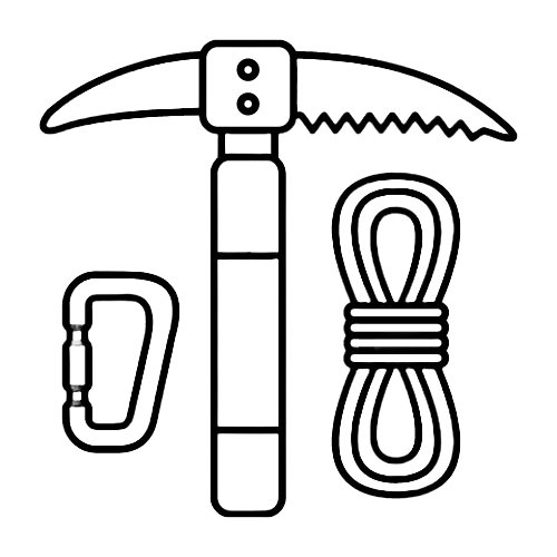 A carabiner, a pickaxe, and rope